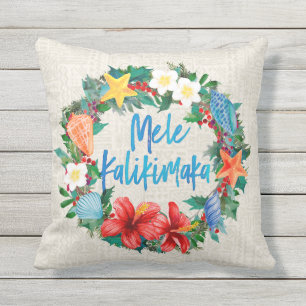 Mele Kalikimaka Hawaiian Christmas Wreath Reverse Outdoor Pillow