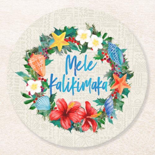 Mele Kalikimaka Hawaiian Christmas Wreath Round Paper Coaster