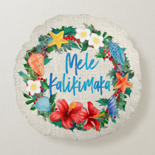 Mele Kalikimaka Hawaiian Christmas Wreath Round Pillow