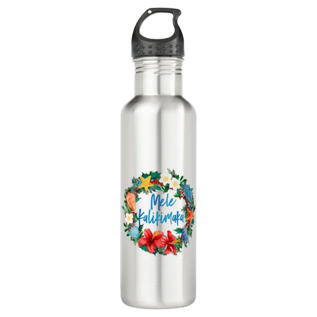 Mele Kalikimaka Hawaiian Christmas Wreath Stainless Steel Water Bottle (Front)