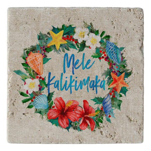 Mele Kalikimaka Hawaiian Christmas Wreath Trivet (Front)