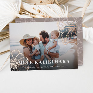 Mele Kalikimaka   Hawaiian Floral Photo Foil Holiday Card