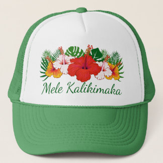 Mele Kalikimaka Hawaiian Flowers Leaves Holiday Trucker Hat