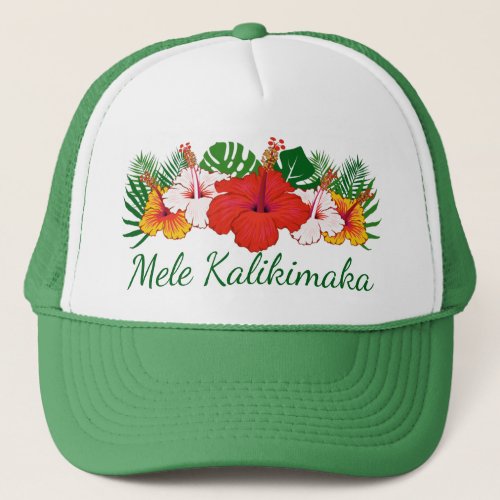 Mele Kalikimaka Hawaiian Flowers Leaves Holiday Trucker Hat