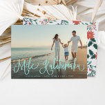 Mele Kalikimaka | Hawaiian Holiday Photo Card<br><div class="desc">Chic holiday photo card features "Mele Kalikimaka, " the Hawaiian Christmas greeting,  in vibrant tropical aqua hand lettered script typography as an overlay on your favorite beach or vacation photo. Cards reverse to a holiday botanical pattern in red,  green and mint.</div>