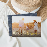 Mele Kalikimaka | Hawaiian Photo Foil Holiday Card<br><div class="desc">Chic full bleed horizontal or landscape-oriented holiday photo card features "Mele Kalikimaka, " the Hawaiian Christmas greeting, in casual gold foil hand lettered script typography as an overlay on your favorite beach or vacation photo. Personalize with your custom holiday message, the year, and your family name beneath. Cards reverse to...</div>