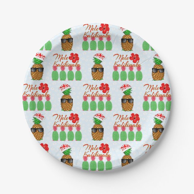 Mele Kalikimaka Hawaiian Pineapple Merry Christmas Paper Plates (Front)