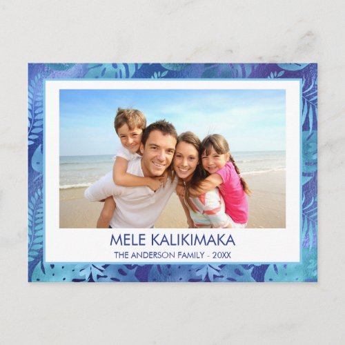 MELE KALIKIMAKA HAWAIIAN TROPICAL BLUE PHOTO HOLIDAY POSTCARD