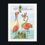 Mele Kalikimaka Hawaiin Christmas Holiday Announcement Postcard<br><div class="desc">From Hawaii to Florida, or any warm tropical paradise really, share your warm wishes with these fun and festive personalized Hawaii postcards! The original design made by Raphaela Wilson illustrates 2 holiday pink flamingos with a big sack of golden pineapples... The artistic style of these Mele Kalikimaka Christmas cards are...</div>