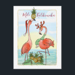 Mele Kalikimaka Hawaiin Christmas Holiday Announcement Postcard<br><div class="desc">From Hawaii to Florida, or any warm tropical paradise really, share your warm wishes with these fun and festive personalized Hawaii postcards! The original design made by Raphaela Wilson illustrates 2 holiday pink flamingos with a big sack of golden pineapples... The artistic style of these Mele Kalikimaka Christmas cards are...</div>