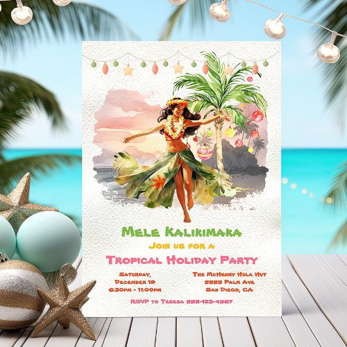 Mele Kalikimaka Hula Girl Tropical Holiday Party Invitation