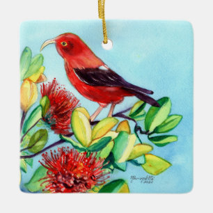 Mele Kalikimaka Iiwi Bird and Ohia Lehua Flower Ceramic Ornament
