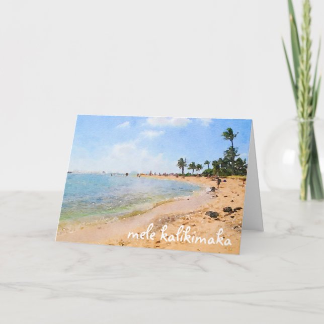 Mele Kalikimaka Kauai Beach Scene Holiday Card (Front)