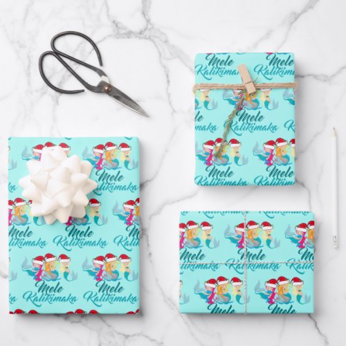 Mele Kalikimaka Mermaid Cute Teal Beach Christmas Wrapping Paper Sheets