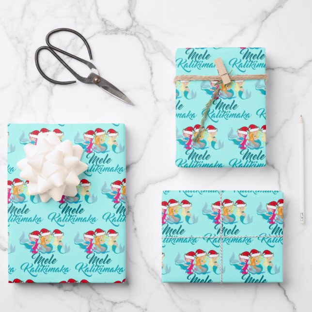 Mele Kalikimaka Mermaid Cute Teal Beach Christmas Wrapping Paper Sheets (Front)