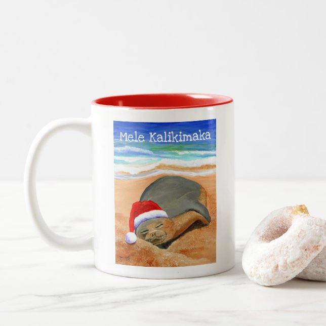 Mele Kalikimaka Monk Seal with Santa Hat Mug (With Donut)