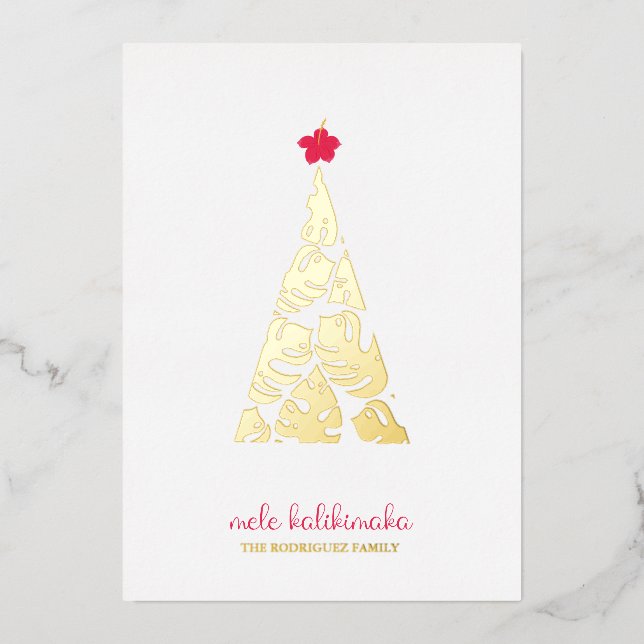Mele Kalikimaka Monstera Leaf Hibiscus Foil Holiday Card (Front)