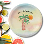 Mele Kalikimaka Palm Trees Paper Plates<br><div class="desc">These island style paper plates feature hand drawn palm trees decorated with lights on a watercolor background.
Because we create our own artwork you won't find this exact image from other designers.
Original Watercolor © Michele Davies.</div>