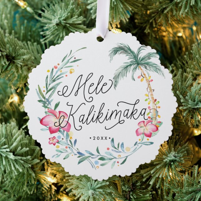 Mele Kalikimaka Personalized Christmas Photo Ornament Card (Insitu (Tree))