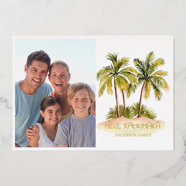 Mele Kalikimaka Photo Hawaiian Christmas Gold Foil Holiday Card (Front)