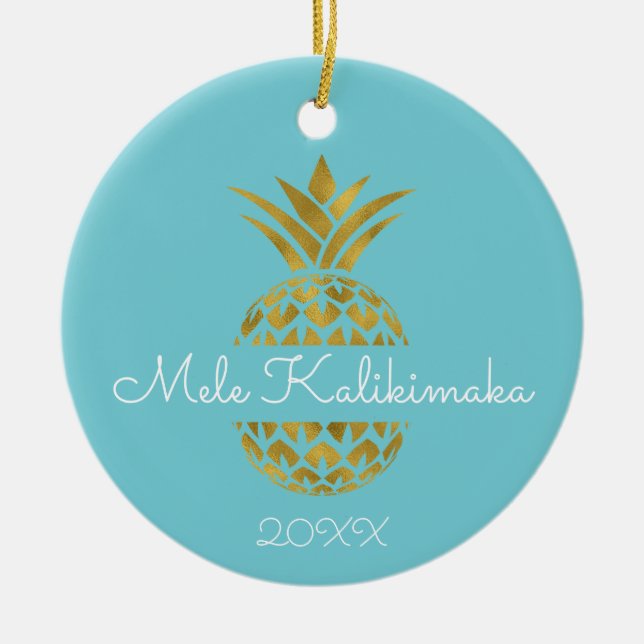 Mele Kalikimaka Pineapple Christmas Holiday Ceramic Ornament (Front)