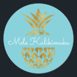 Mele Kalikimaka Pineapple Christmas Holiday Classic Round Sticker<br><div class="desc">Mele Kalikimaka Faux Foil Gold and Aqua Blue Pineapple Christmas Blue Postage Sticker. This Hawaiian Christmas sticker is perfect for sealing a tropical Family Christmas Card.</div>