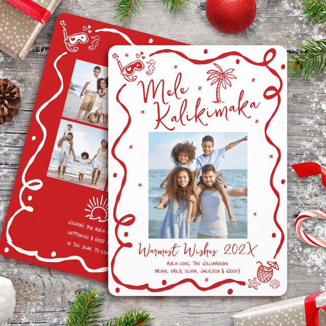 Mele Kalikimaka Red 5 Photo Hand Drawn Christmas Holiday Card (Creator Uploaded)