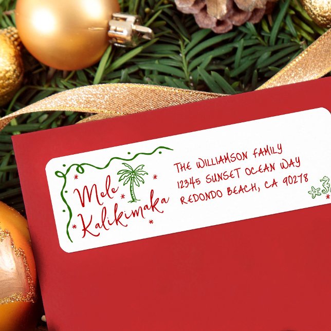 Mele Kalikimaka Red Green Doodle Christmas Address Label (Creator Uploaded)