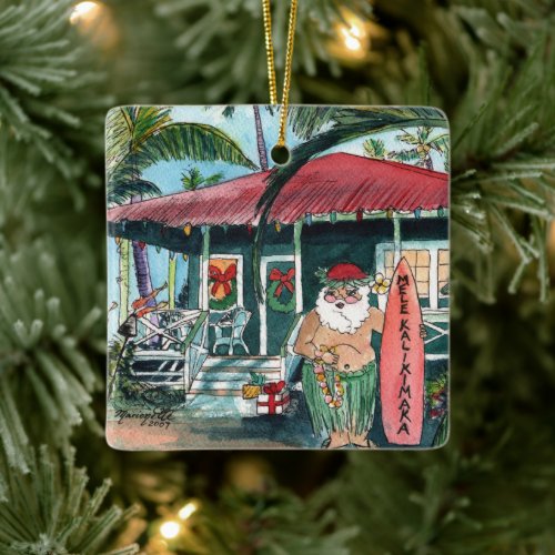 Mele Kalikimaka Santa Christmas Square Ceramic Ornament