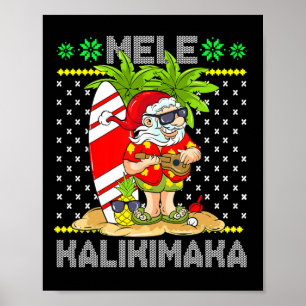Mele Kalikimaka Santa Claus Surfer Guitar Hawaiian Poster