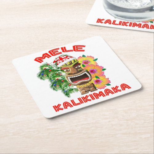 Mele Kalikimaka Santa Claus Tiki Square Paper Coaster