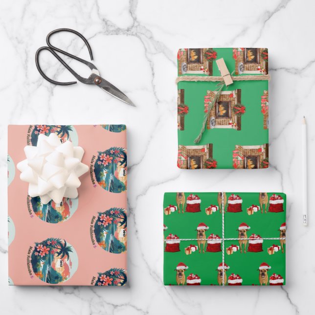 Mele Kalikimaka, Santa Dog and Christmas Fireplace Wrapping Paper Sheets (Front)