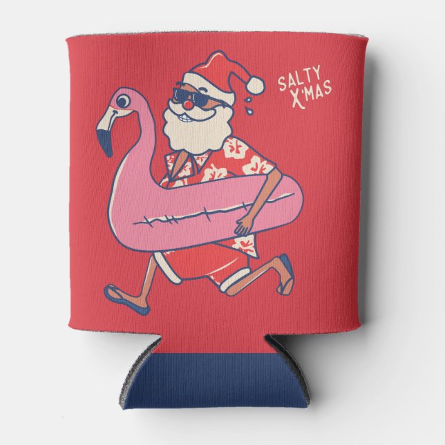 Mele Kalikimaka Santa Flamingo Christmas Getaway Can Cooler (Front)