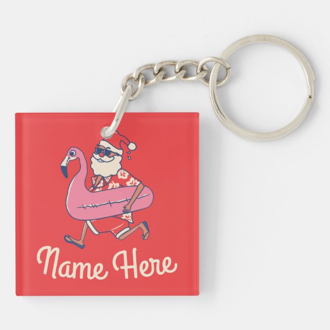 Mele Kalikimaka Santa Flamingo Christmas Getaway Keychain (Back)