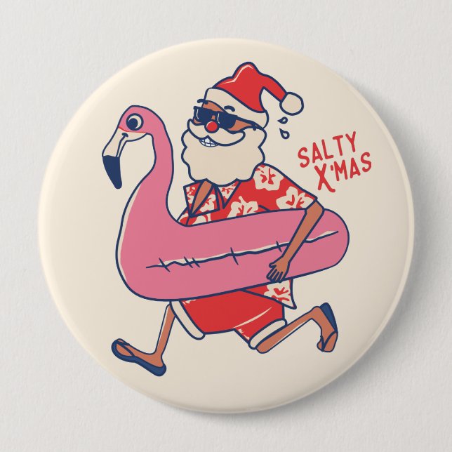 Mele Kalikimaka Santa Flamingo Christmas Getaways Button (Front)