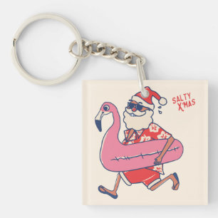 Mele Kalikimaka Santa Flamingo Christmas Getaways Keychain