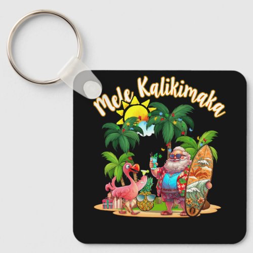 Mele Kalikimaka Santa Flamingo Tropical Christmas  Keychain