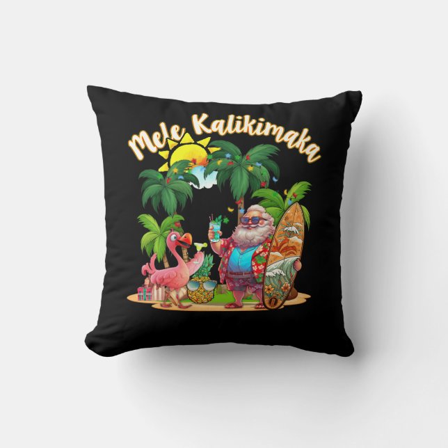 Mele Kalikimaka Santa Flamingo Tropical Christmas  Throw Pillow (Front)