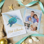 Mele Kalikimaka Sea Turtle Beach Coastal 3 Photo Holiday Card<br><div class="desc">This coastal Hawaiian themed Christmas card features a watercolor turquoise blue sea turtle on an abstract beach background with a faux gold glitter sparkly wave, and gold Mele Kalikimaka. On the back are 3 photo templates to easily personalize the cards with your favorite family photos. Check out the collection for...</div>