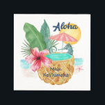 Mele Kalikimaka Seahorse Pineapple Tropical  Napkins<br><div class="desc">Tropical beach theme Christmas napkins feature a watercolor seahorse using a pineapple (decorated with palm leaves and hibiscus) as a swimming pool,  with sun,  sea and a starfish in the background with Hawaiian "Aloha" and "Mele Kalikimaka" greetings in navy blue.</div>