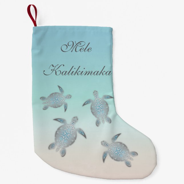 Mele Kalikimaka | Silver Sea Turtles Hawaiian Small Christmas Stocking (Front)