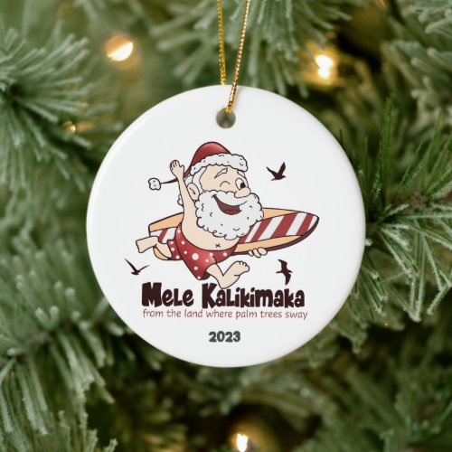 Mele Kalikimaka Surfing Santa Hawaiian Ceramic Ornament