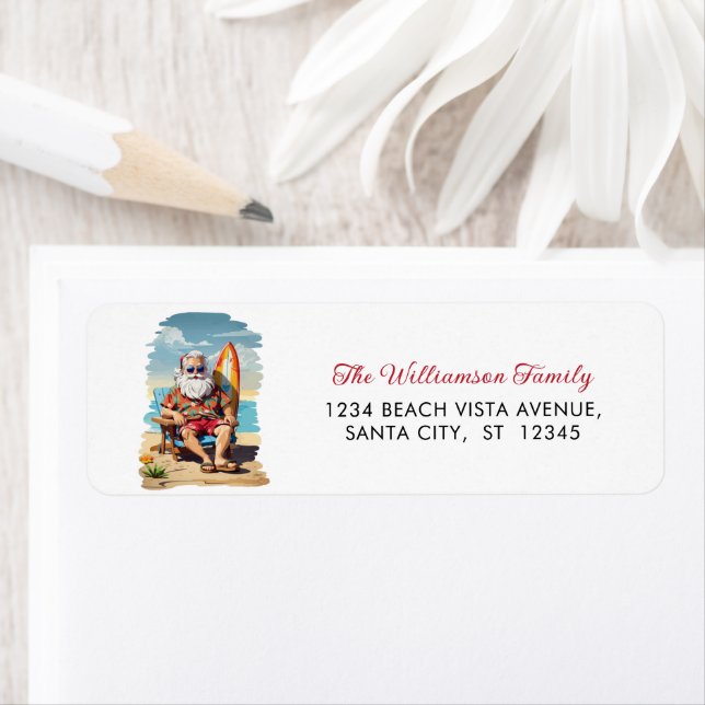 Mele Kalikimaka Surfing Santa Return Address Label (Insitu)