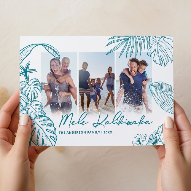 Mele Kalikimaka Teal 3 Photo Christmas Holiday Card (Creator Uploaded)