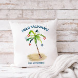 Mele Kalikimaka Tropical Beach Palm Tree Holiday Throw Pillow<br><div class="desc">Tropical beach theme holiday throw pillow featuring a "Mele Kalikimaka" festive Hawaiian greeting with original palm tree Christmas tree artwork. Reverse side is a solid,  classic navy blue.  The family name and greeting can easily be personalized.</div>