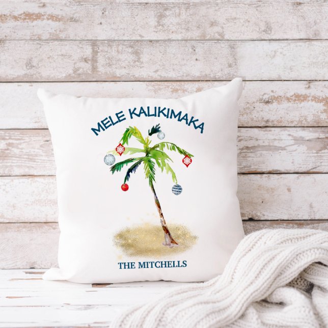 Mele Kalikimaka Tropical Beach Palm Tree Holiday Throw Pillow (Creator Uploaded)