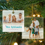 Mele Kalikimaka Tropical Hawaiian Christmas Photo Ceramic Ornament<br><div class="desc">Mele Kalikimaka Tropical Hawaiian Christmas Photo Holiday Ornament. Send your holiday greetings the Hawaii way with this fun,  turquoise teal and tropical pink design. Add 2 of your favorite photos for the perfect holiday gift! If you need assistance with the design or matching products,  please contact us at katescreationszazzle@gmail.com.</div>