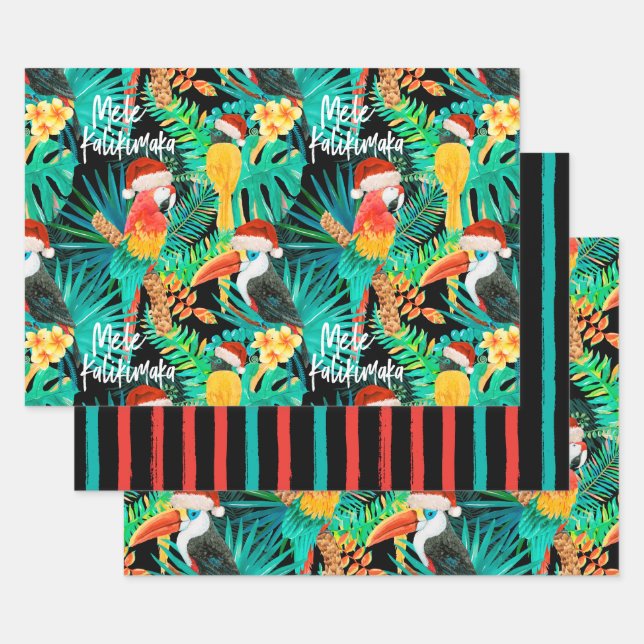 Mele Kalikimaka Tropical Jungle Birds and Stripes  Wrapping Paper Sheets (Set)