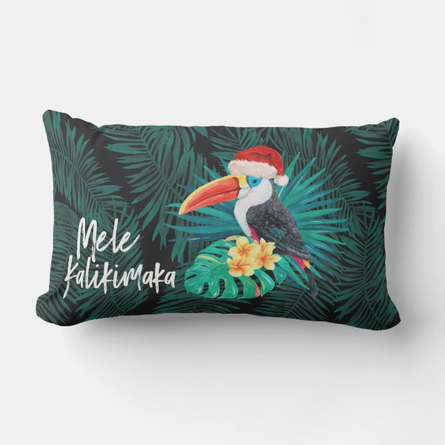 Mele Kalikimaka Tropical Jungle Birds Palms Lumbar Pillow (Front)