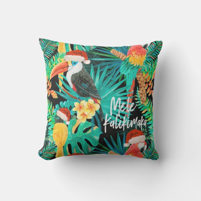 Mele Kalikimaka Tropical Jungle Birds Reversible Outdoor Pillow (Front)